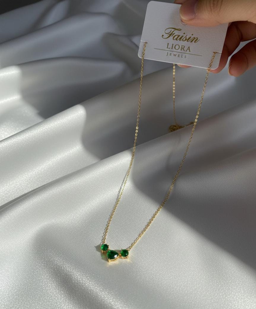 Anti Tarnish Triple Emerald Green Stone Necklace